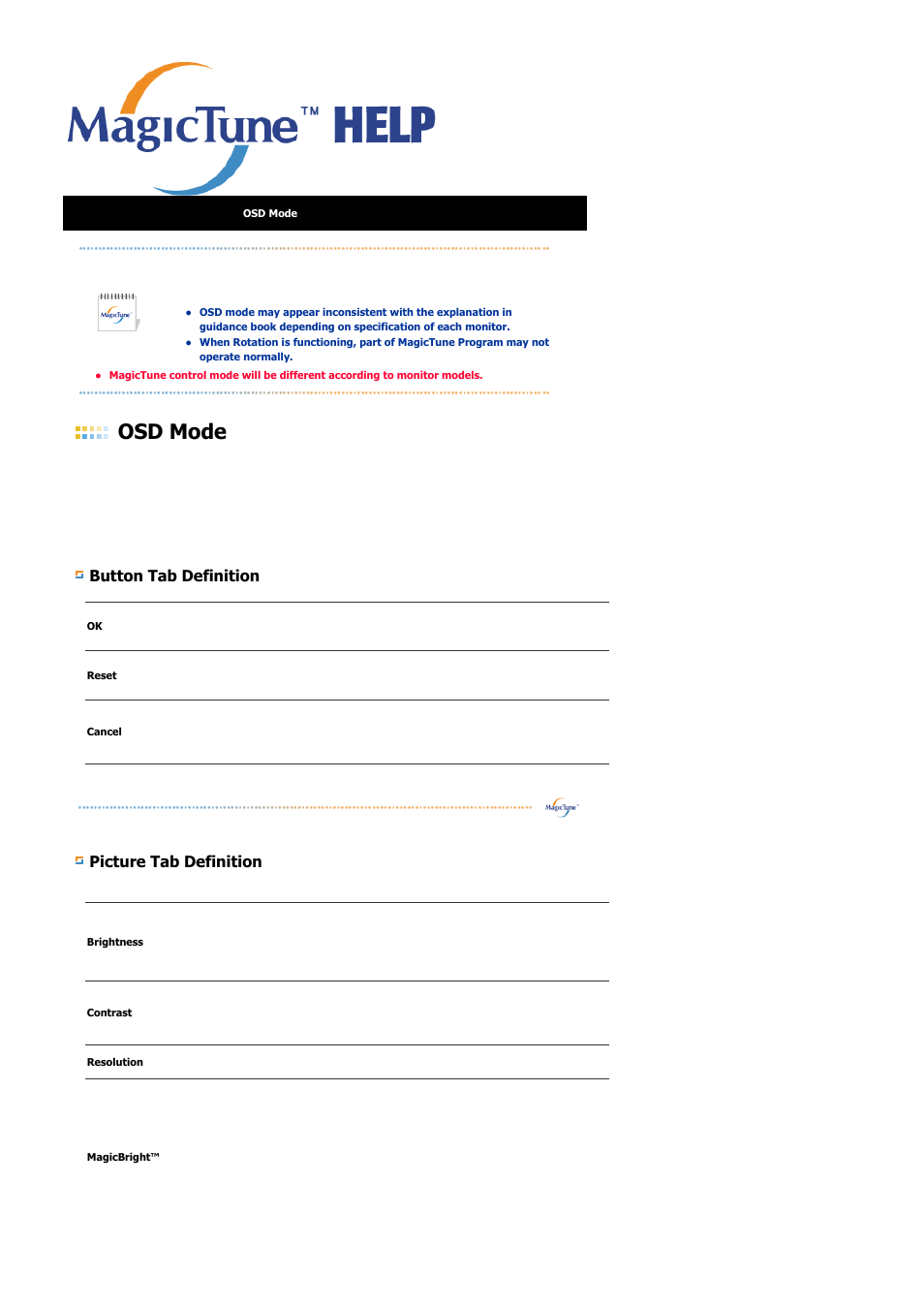 Osd mode, Button tab definition picture tab definition | Samsung LS21DPWAB-XAA User Manual | Page 44 / 78