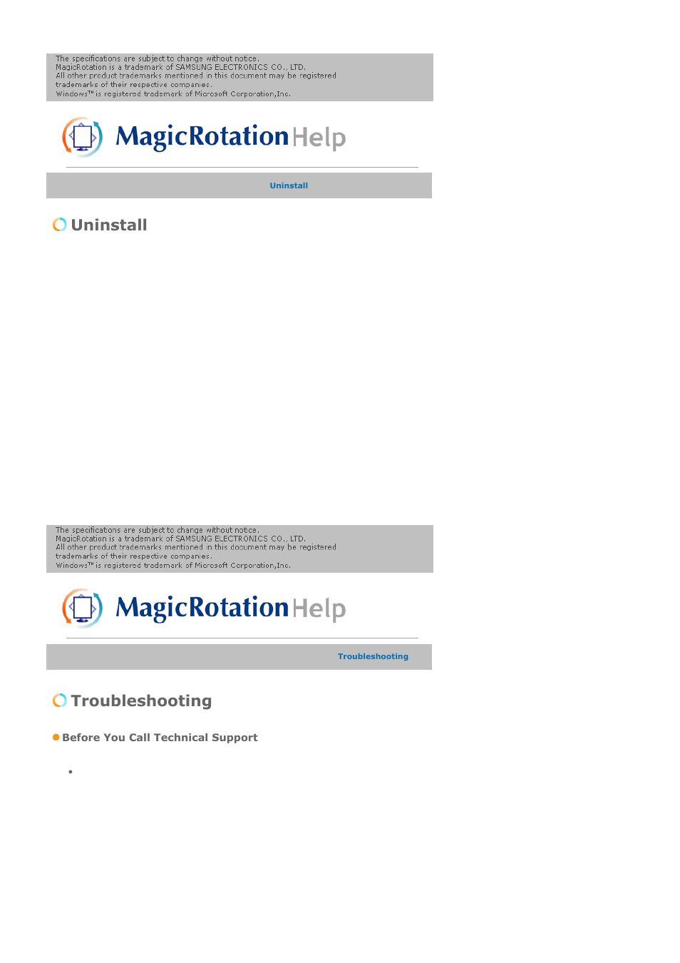 Uninstall, Troubleshooting, Before you call technical support | Samsung LS21DPWAB-XAA User Manual | Page 61 / 78