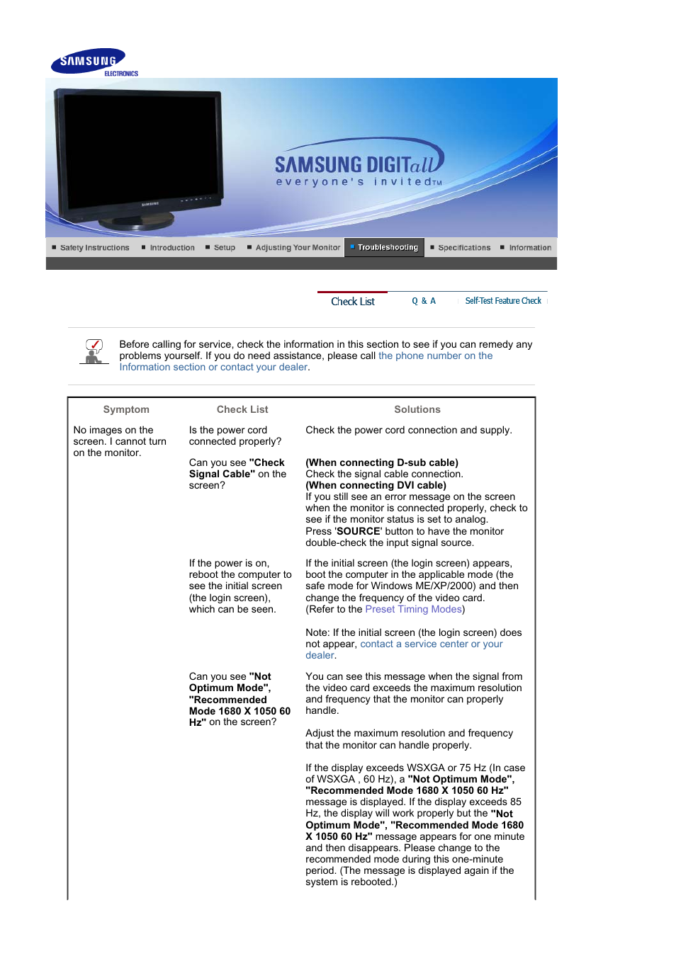 Troubleshooting, Check list | Samsung LS21DPWAB-XAA User Manual | Page 63 / 78