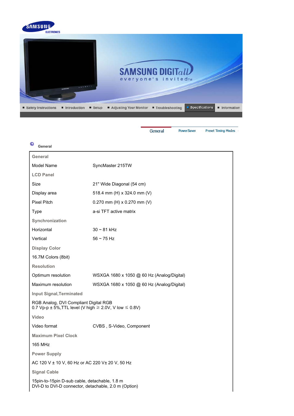 Specifications, General | Samsung LS21DPWAB-XAA User Manual | Page 68 / 78