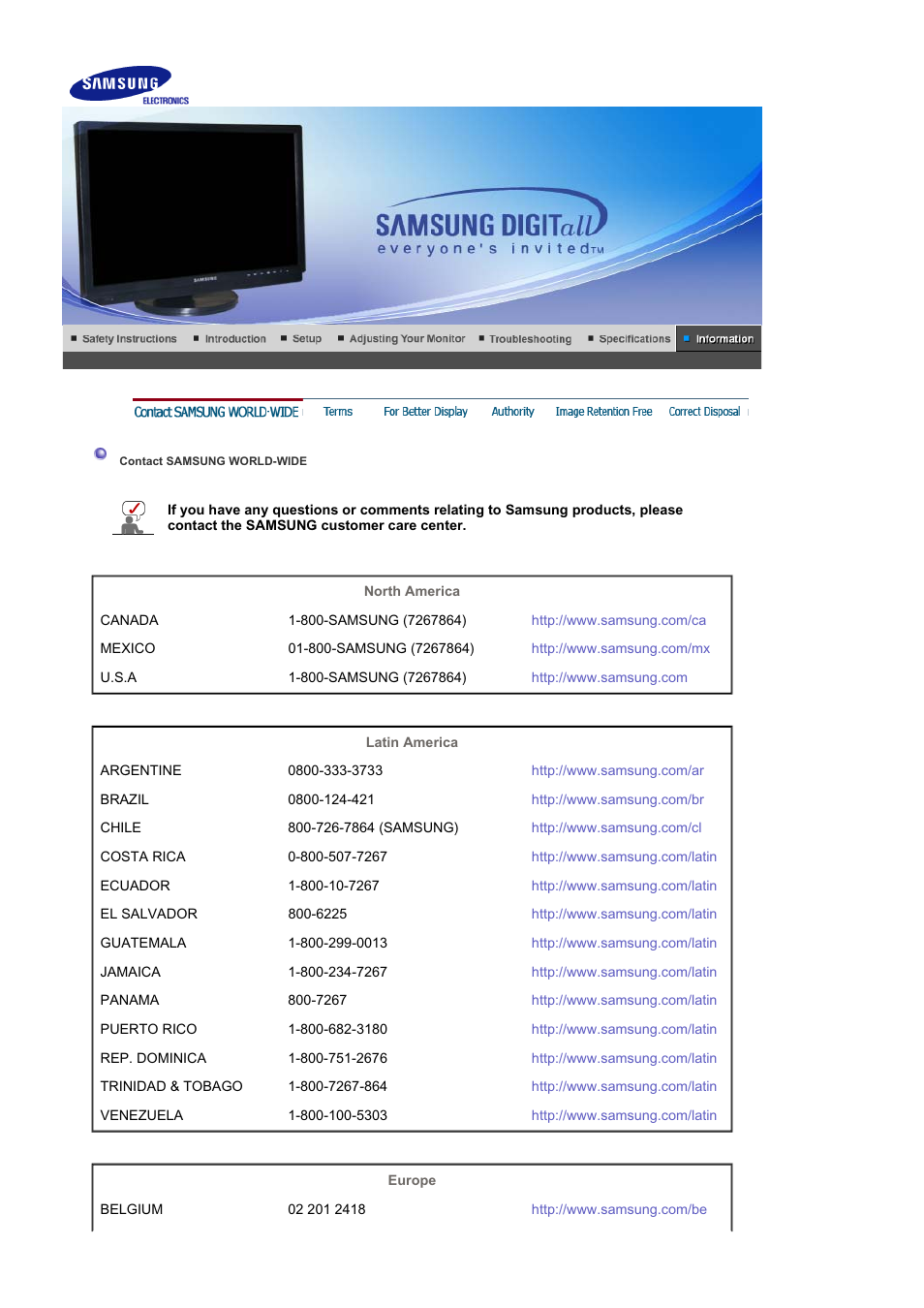 Information, Contact samsung world-wide | Samsung LS21DPWAB-XAA User Manual | Page 71 / 78