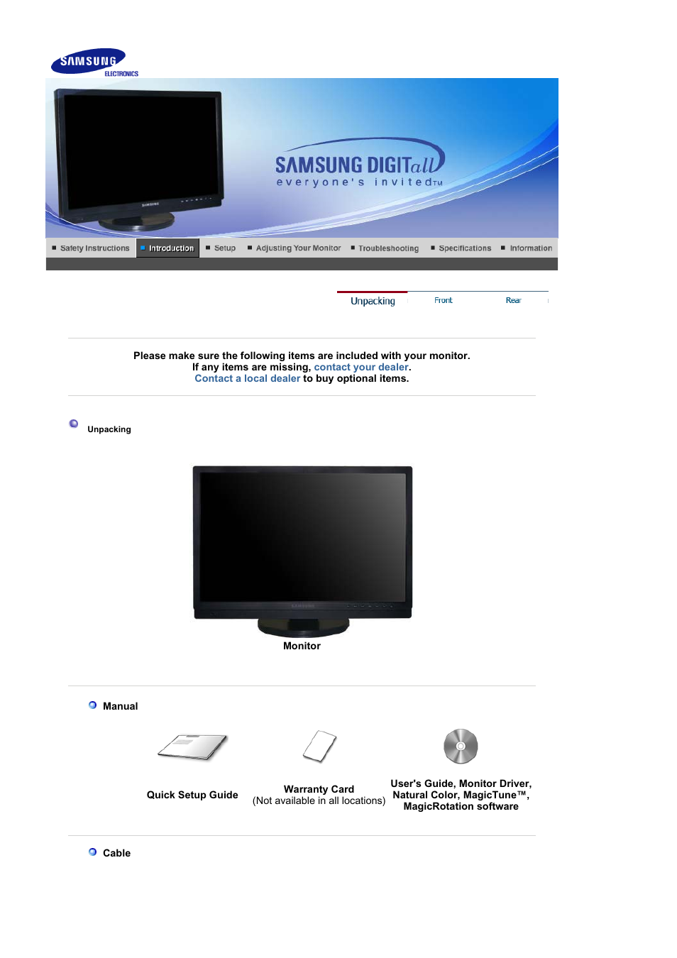 Introduction, Unpacking | Samsung LS21DPWAB-XAA User Manual | Page 9 / 78