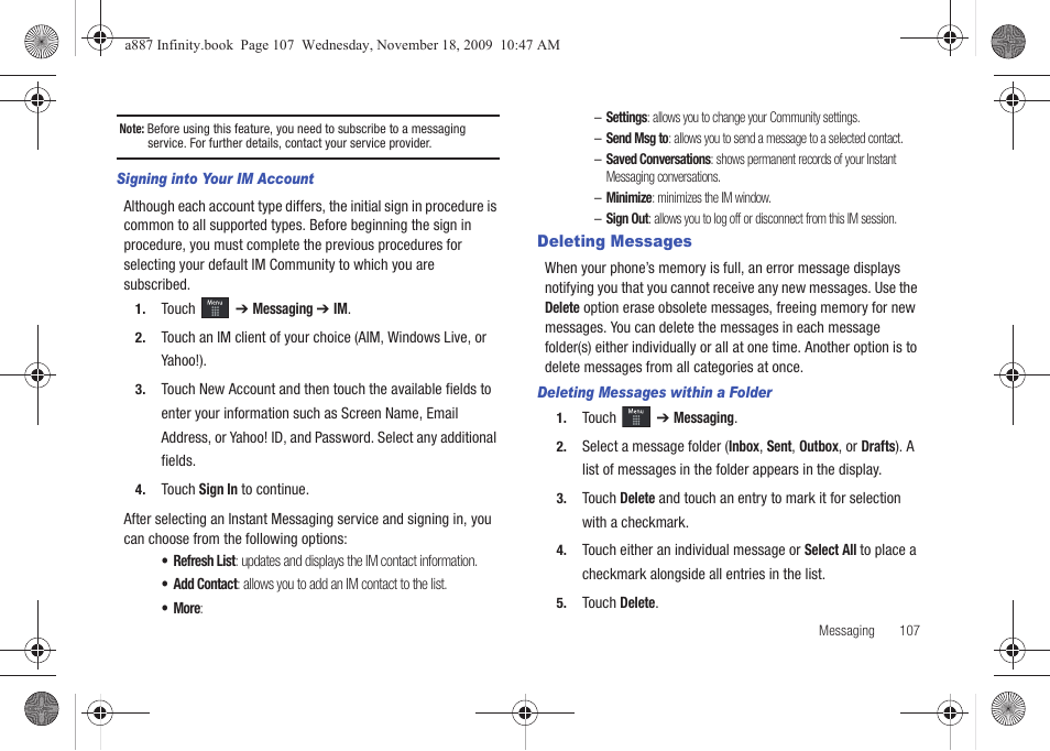 Deleting messages | Samsung SGH-A887ZKAATT User Manual | Page 111 / 190