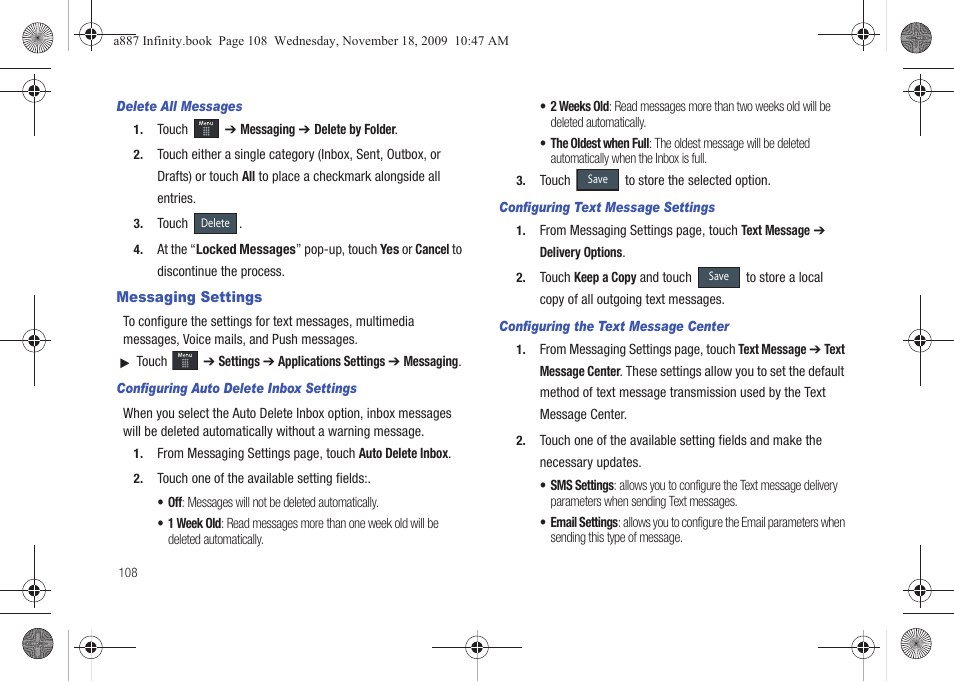 Messaging settings | Samsung SGH-A887ZKAATT User Manual | Page 112 / 190