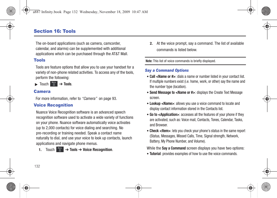 Section 16: tools, Tools, Camera | Voice recognition, Tools camera voice recognition | Samsung SGH-A887ZKAATT User Manual | Page 136 / 190