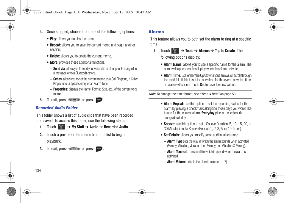 Alarms | Samsung SGH-A887ZKAATT User Manual | Page 138 / 190