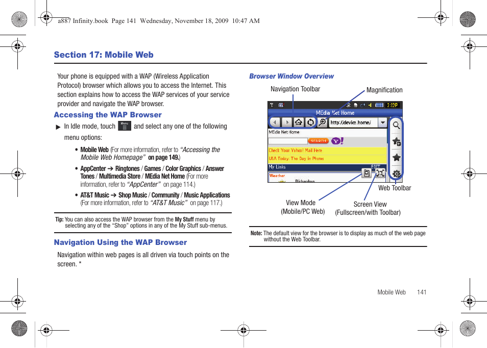 Section 17: mobile web, Accessing the wap browser, Navigation using the wap browser | Samsung SGH-A887ZKAATT User Manual | Page 145 / 190