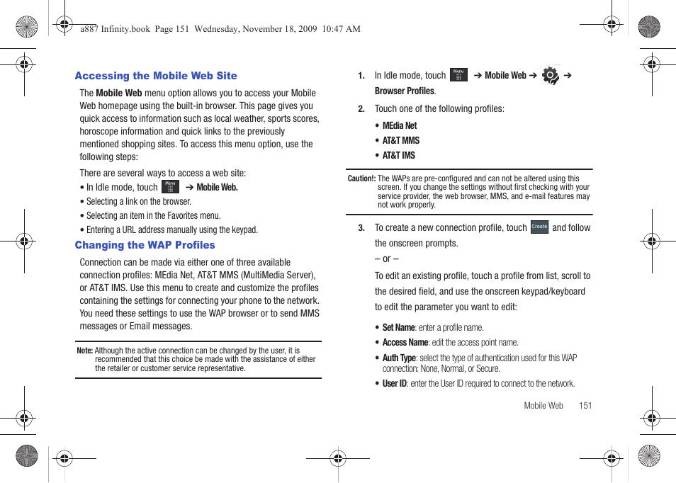 Accessing the mobile web site, Changing the wap profiles, For more | Samsung SGH-A887ZKAATT User Manual | Page 155 / 190