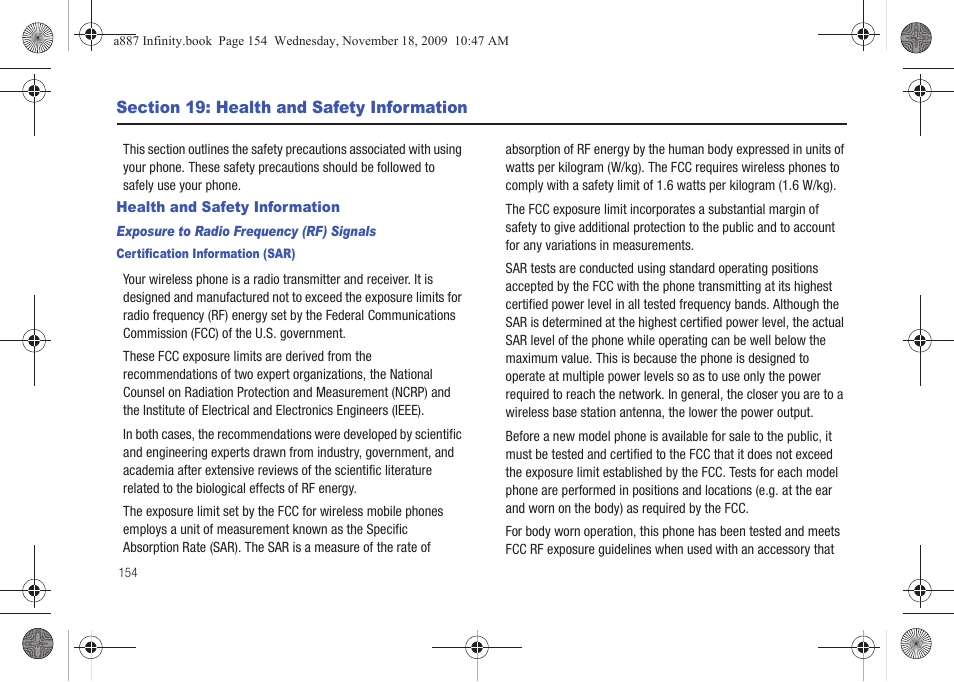 Section 19: health and safety information, Health and safety information | Samsung SGH-A887ZKAATT User Manual | Page 158 / 190