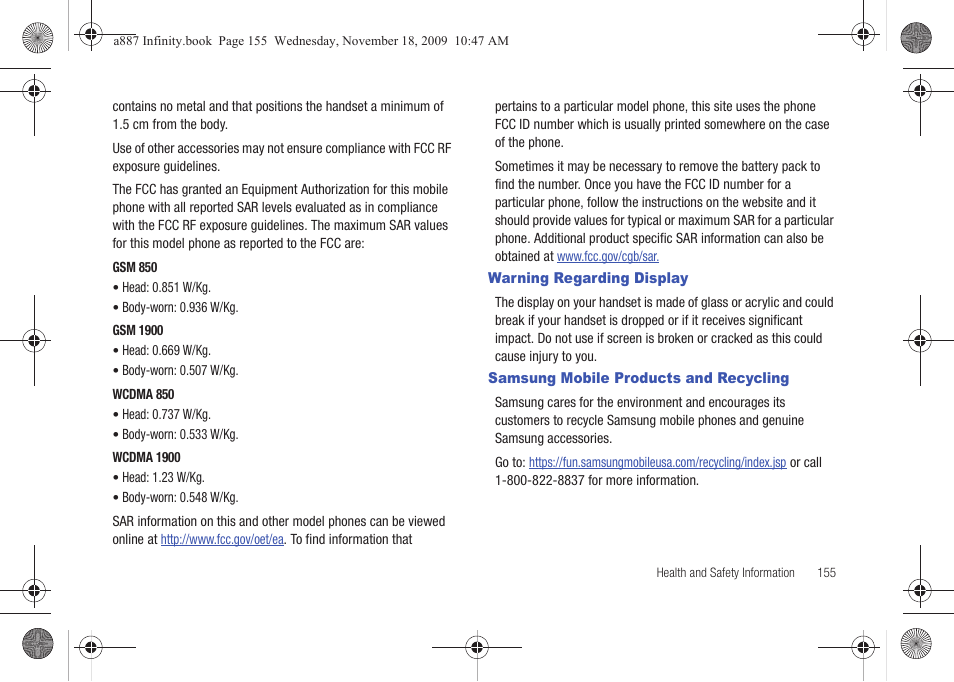 Warning regarding display, Samsung mobile products and recycling | Samsung SGH-A887ZKAATT User Manual | Page 159 / 190