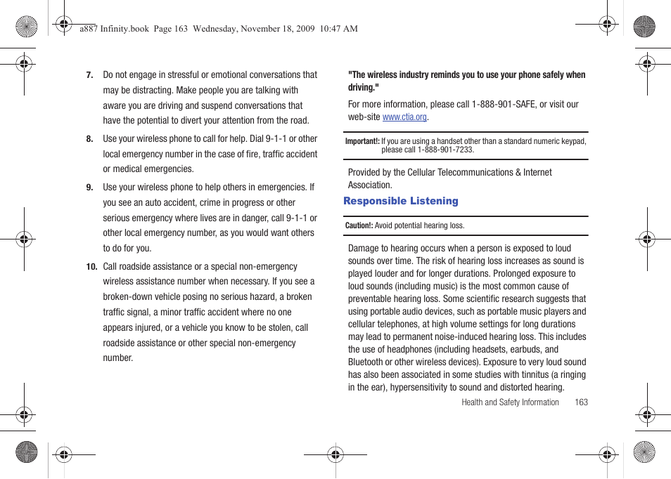 Responsible listening | Samsung SGH-A887ZKAATT User Manual | Page 167 / 190