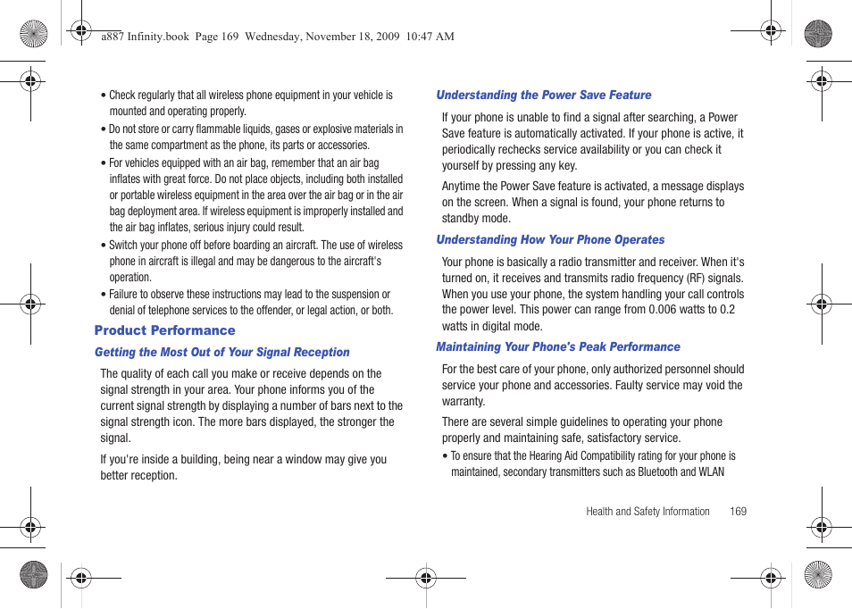 Product performance | Samsung SGH-A887ZKAATT User Manual | Page 173 / 190