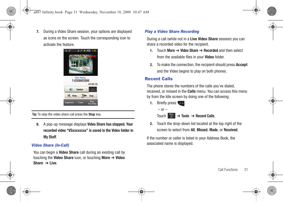 Recent calls | Samsung SGH-A887ZKAATT User Manual | Page 35 / 190