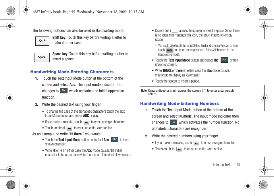 Handwriting mode-entering characters, Handwriting mode-entering numbers | Samsung SGH-A887ZKAATT User Manual | Page 49 / 190