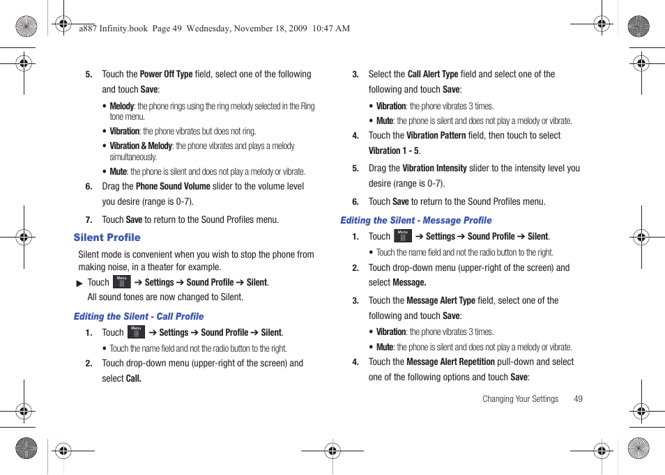 Silent profile | Samsung SGH-A887ZKAATT User Manual | Page 53 / 190