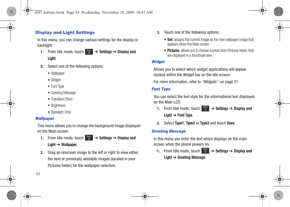 Display and light settings | Samsung SGH-A887ZKAATT User Manual | Page 58 / 190