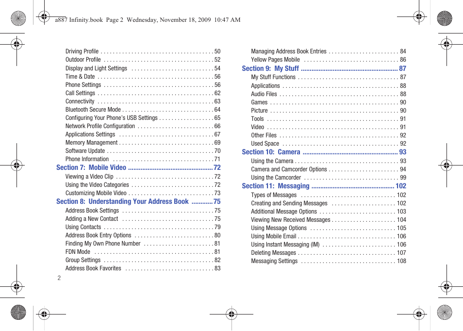 Section 7: mobile video 72, Section 8: understanding your address book 75, Section 9: my stuff 87 | Section 10: camera 93, Section 11: messaging 102 | Samsung SGH-A887ZKAATT User Manual | Page 6 / 190