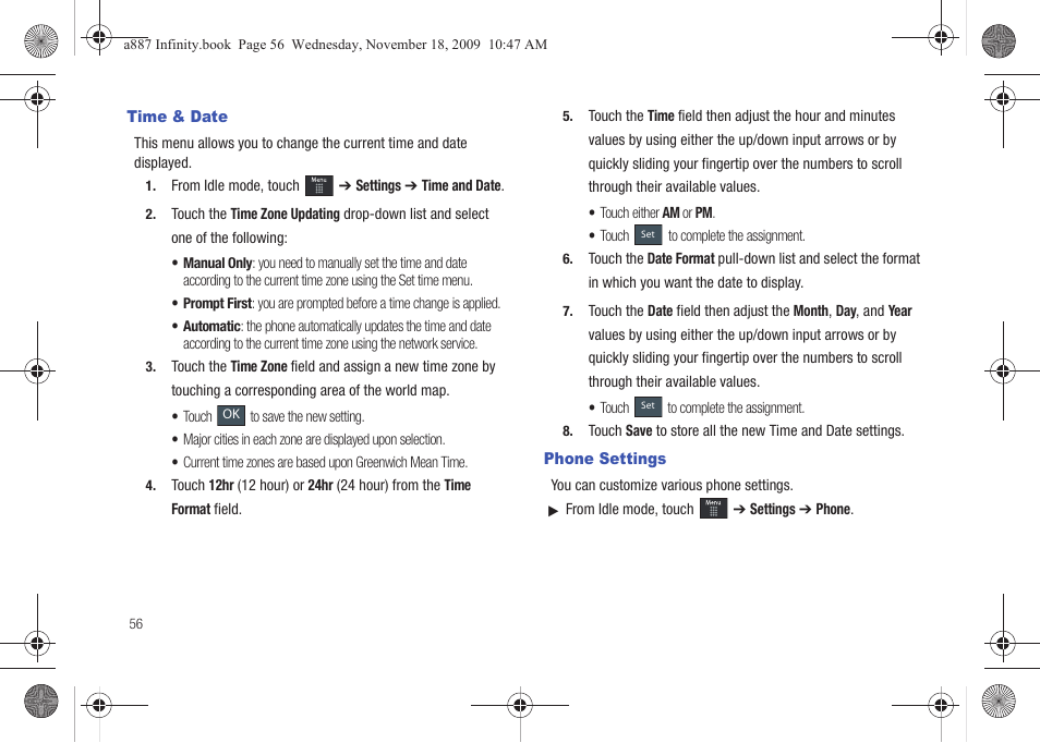 Time & date, Phone settings, Time & date phone settings | Samsung SGH-A887ZKAATT User Manual | Page 60 / 190