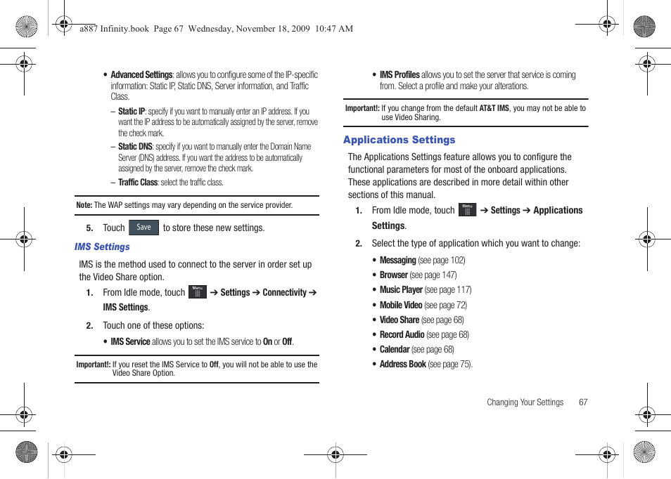 Applications settings | Samsung SGH-A887ZKAATT User Manual | Page 71 / 190