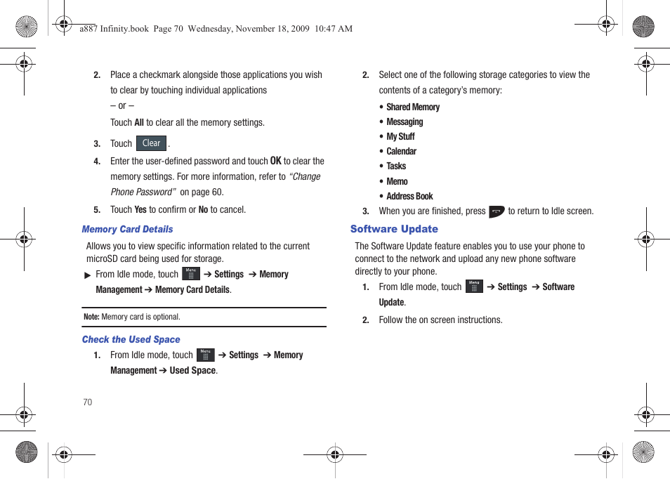 Software update | Samsung SGH-A887ZKAATT User Manual | Page 74 / 190