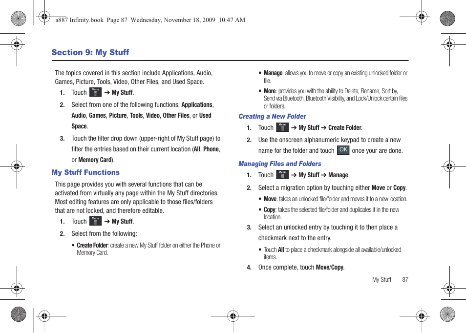 Section 9: my stuff, My stuff functions | Samsung SGH-A887ZKAATT User Manual | Page 91 / 190