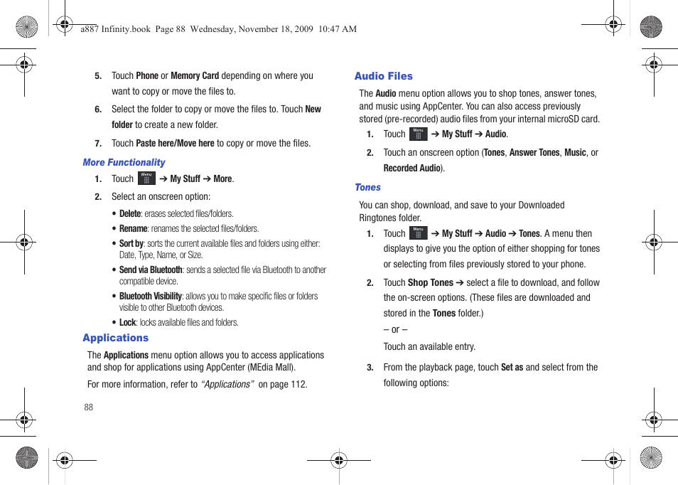 Applications, Audio files, Applications audio files | Samsung SGH-A887ZKAATT User Manual | Page 92 / 190