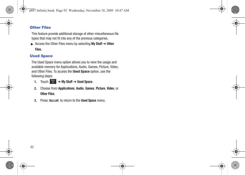 Other files, Used space, Other files used space | Samsung SGH-A887ZKAATT User Manual | Page 96 / 190