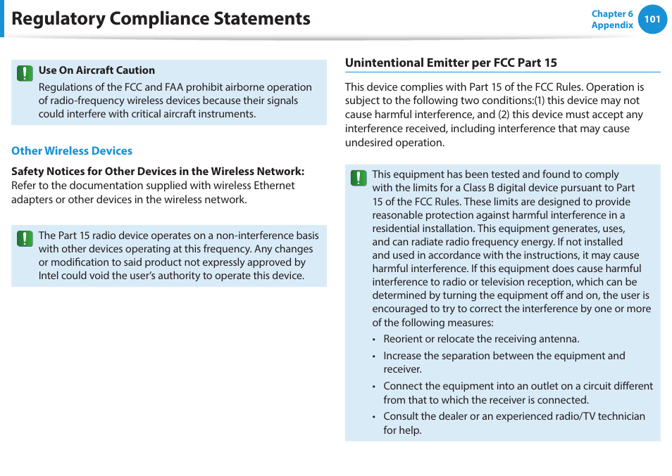 Regulatory compliance statements | Samsung NP270E5G-K02US User Manual | Page 101 / 121