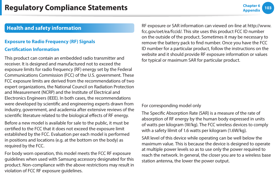 Regulatory compliance statements | Samsung NP270E5G-K02US User Manual | Page 103 / 121