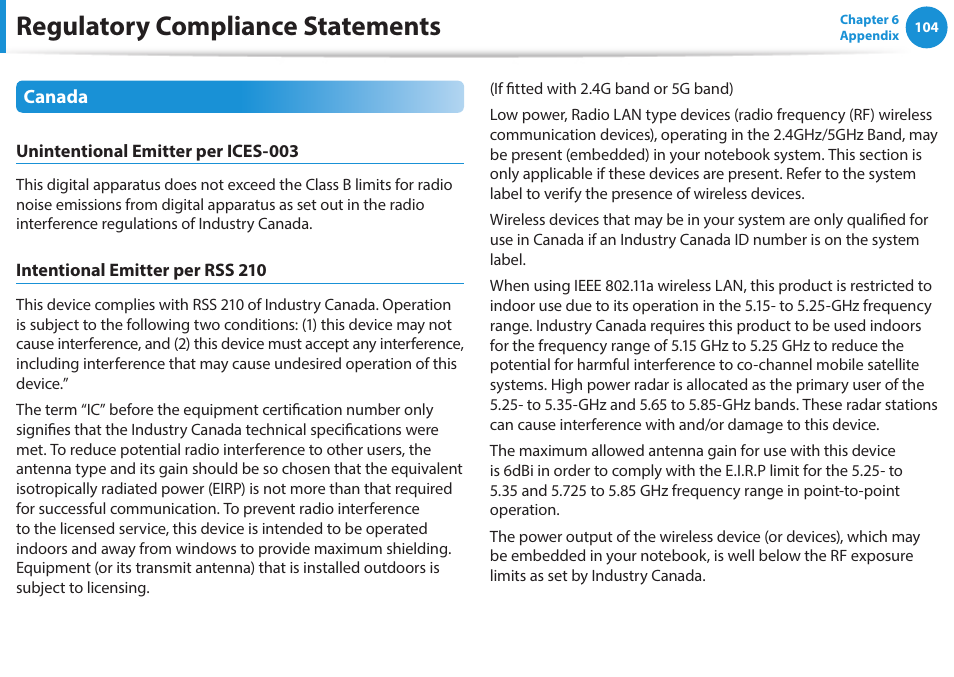 Regulatory compliance statements | Samsung NP270E5G-K02US User Manual | Page 104 / 121
