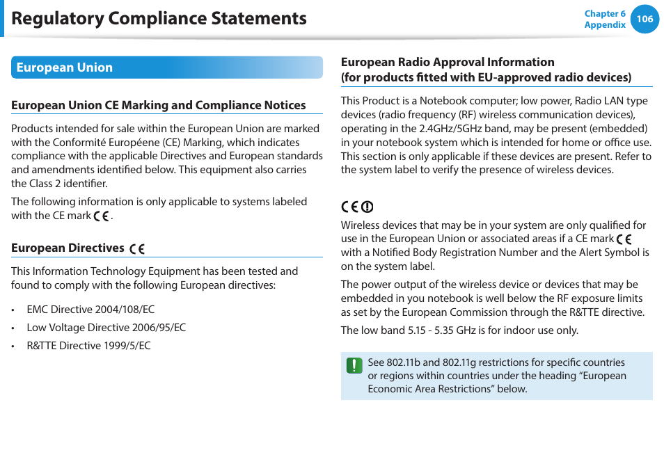 Regulatory compliance statements | Samsung NP270E5G-K02US User Manual | Page 106 / 121
