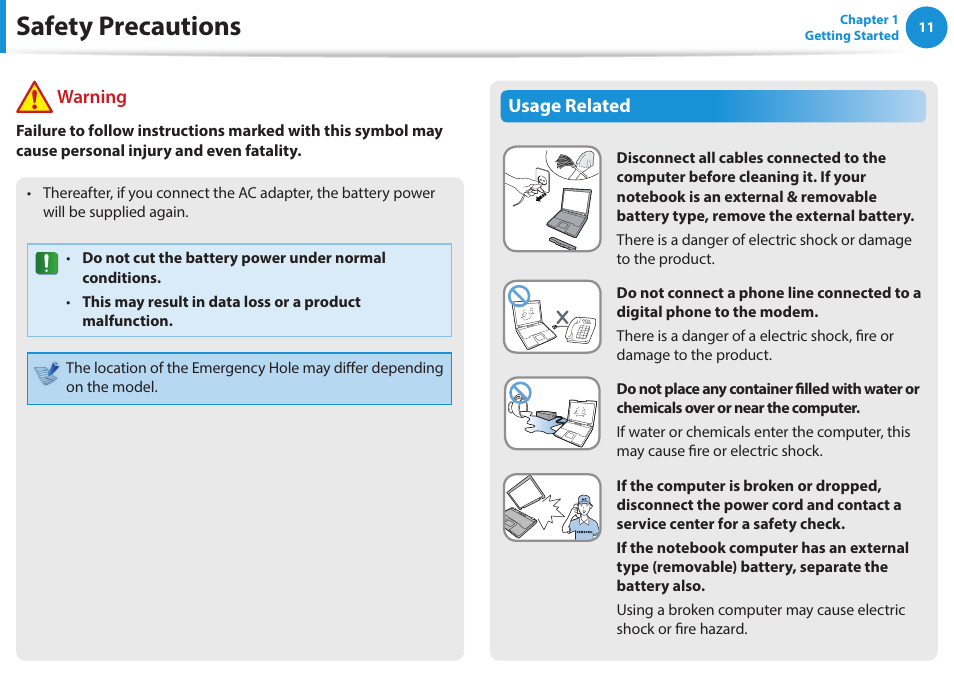 Safety precautions, Warning, Usage related | Samsung NP270E5G-K02US User Manual | Page 11 / 121