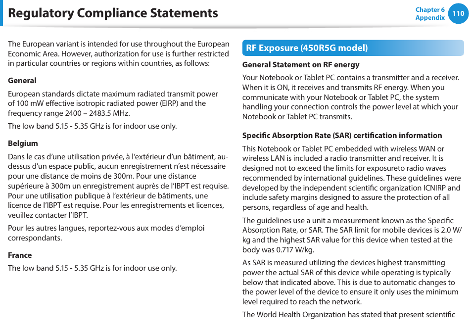 Regulatory compliance statements | Samsung NP270E5G-K02US User Manual | Page 110 / 121