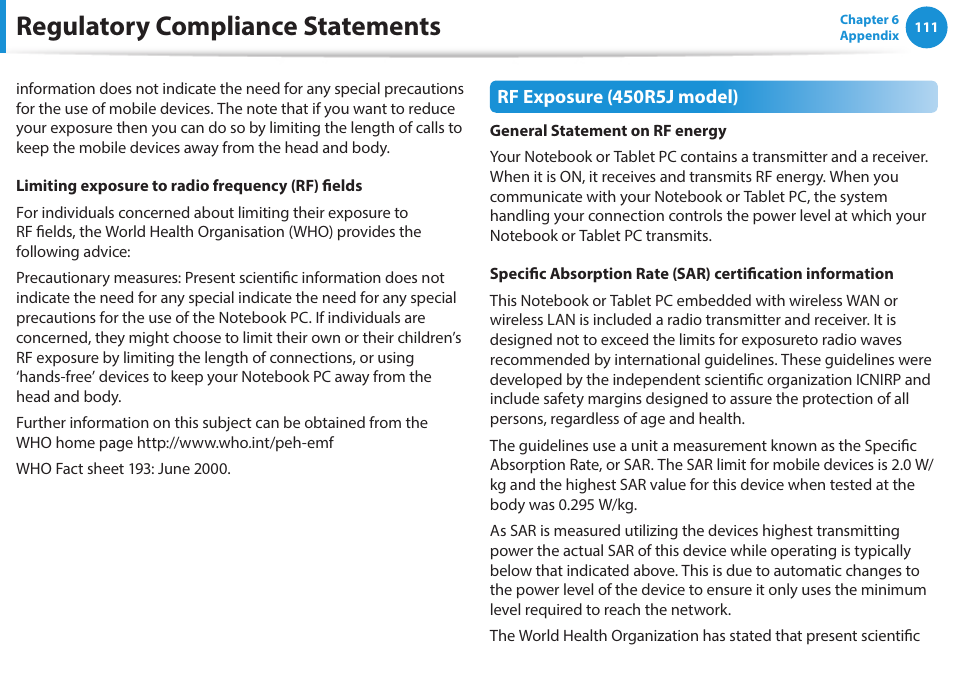 Regulatory compliance statements | Samsung NP270E5G-K02US User Manual | Page 111 / 121