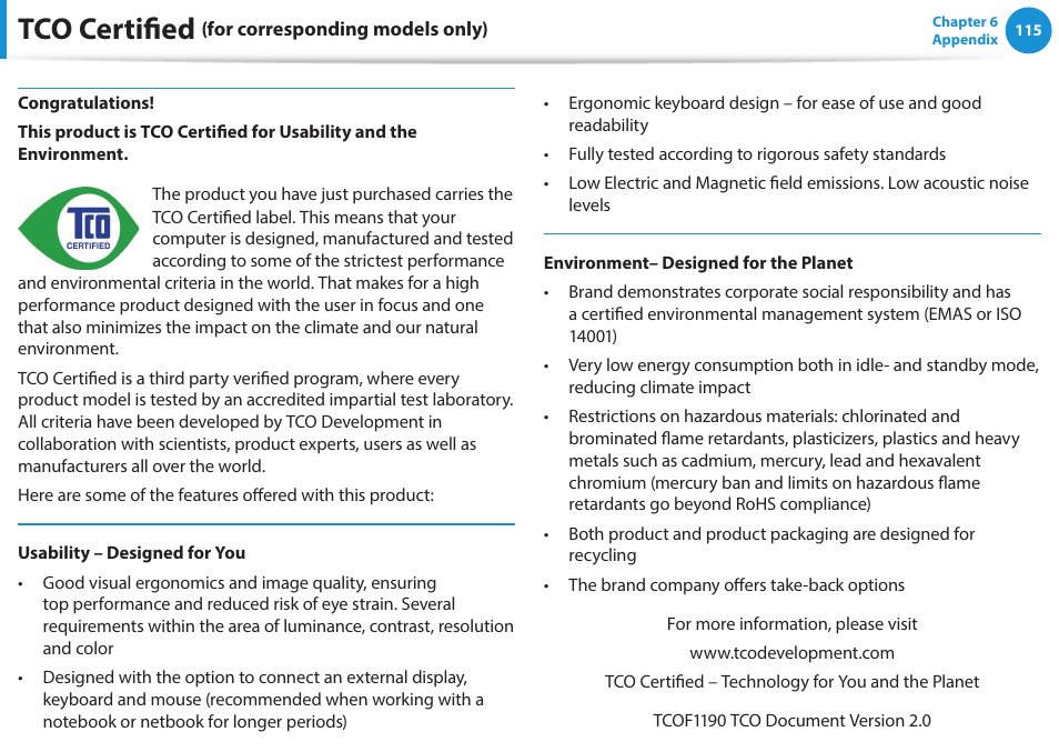 Tco certified (for corresponding models only), Tco certified, Félicitations | Samsung NP270E5G-K02US User Manual | Page 115 / 121