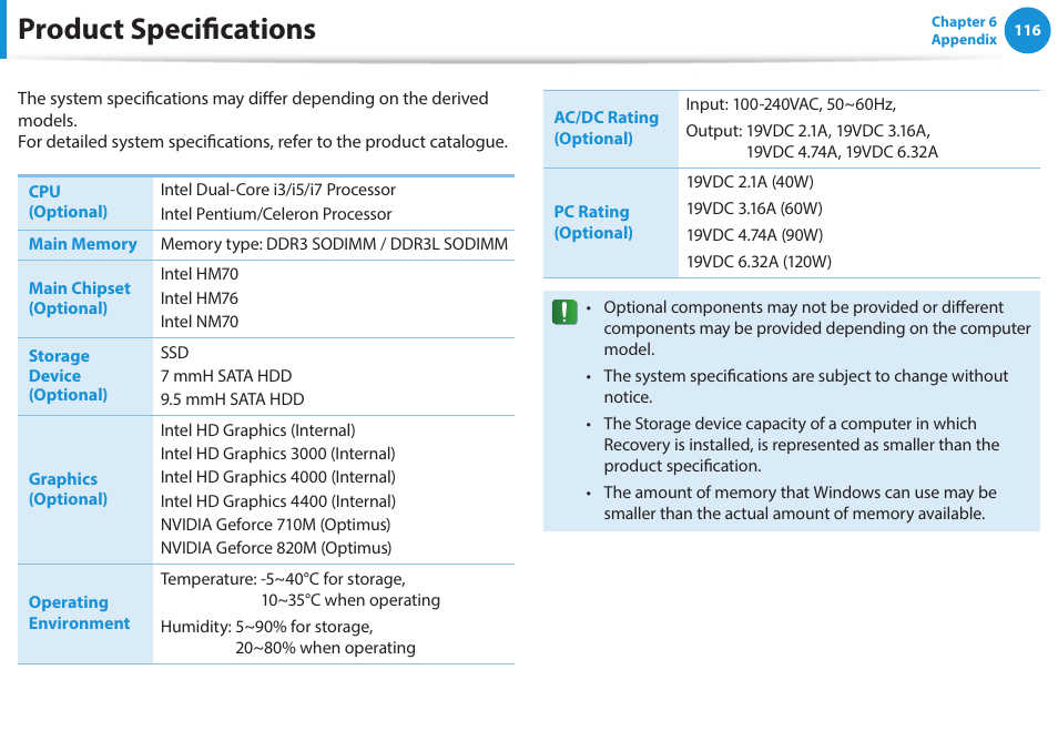 Product specifications | Samsung NP270E5G-K02US User Manual | Page 116 / 121