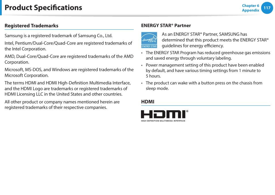 Product specifications | Samsung NP270E5G-K02US User Manual | Page 117 / 121