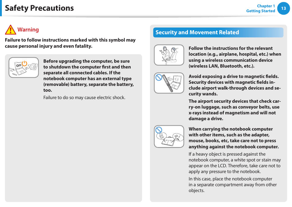 Safety precautions, Security and movement related, Warning | Samsung NP270E5G-K02US User Manual | Page 13 / 121