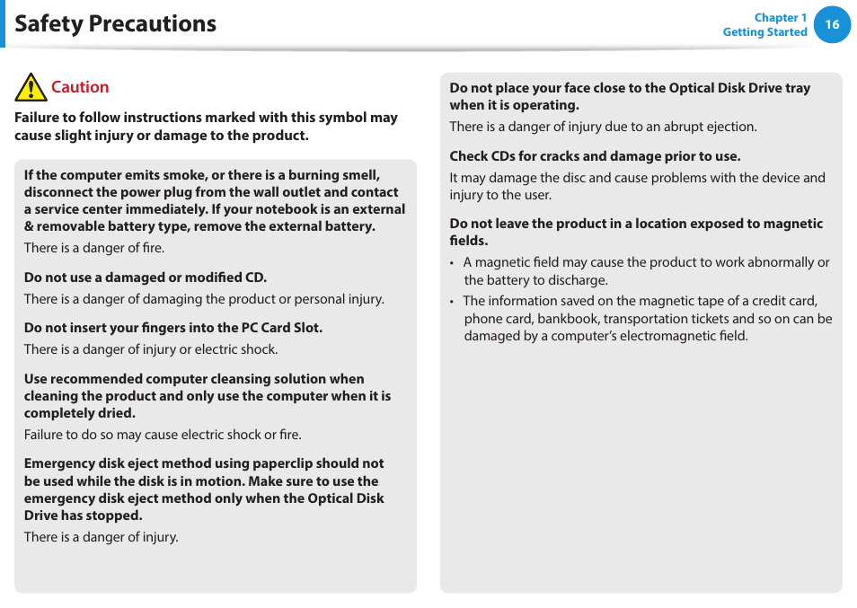 Safety precautions, Caution | Samsung NP270E5G-K02US User Manual | Page 16 / 121