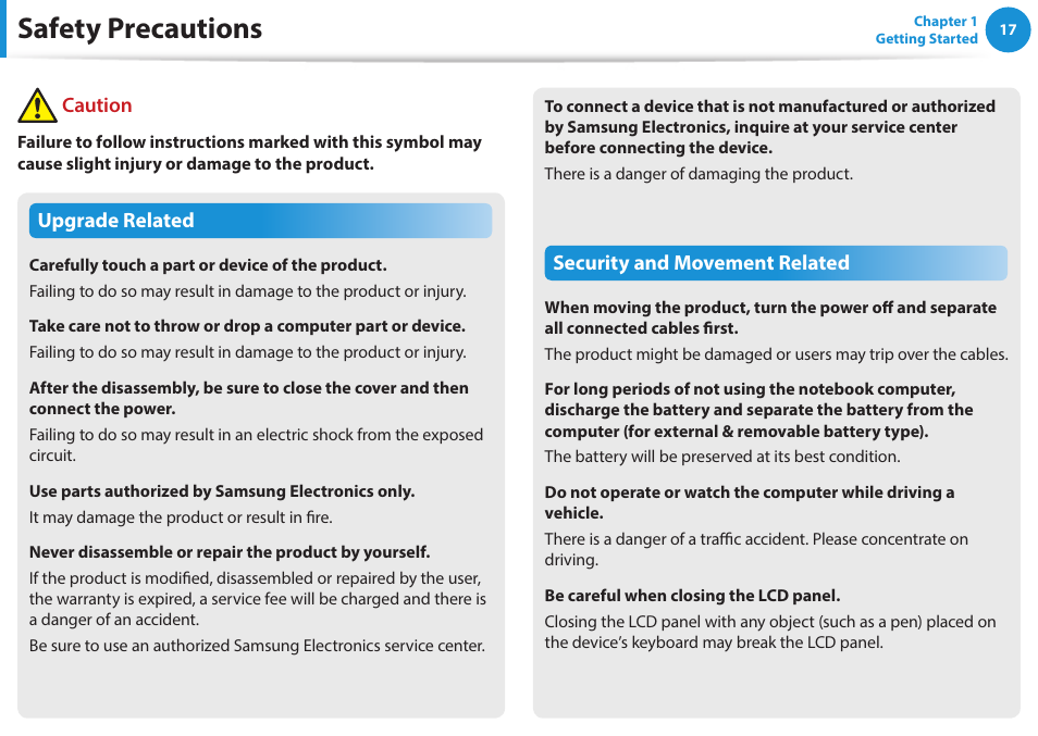Safety precautions | Samsung NP270E5G-K02US User Manual | Page 17 / 121