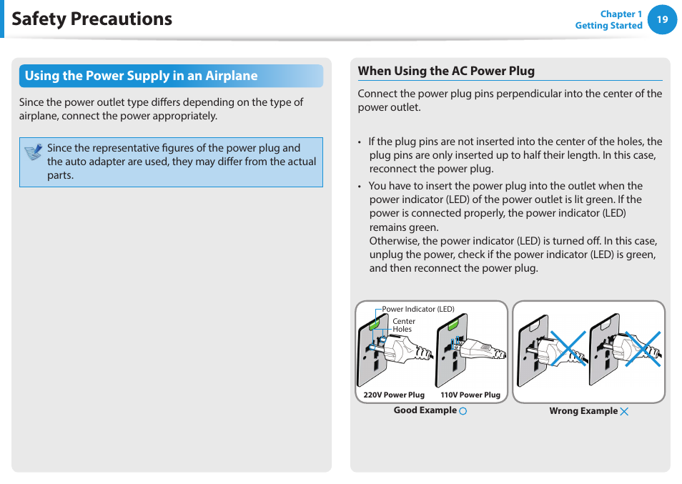 Safety precautions, Using the power supply in an airplane | Samsung NP270E5G-K02US User Manual | Page 19 / 121