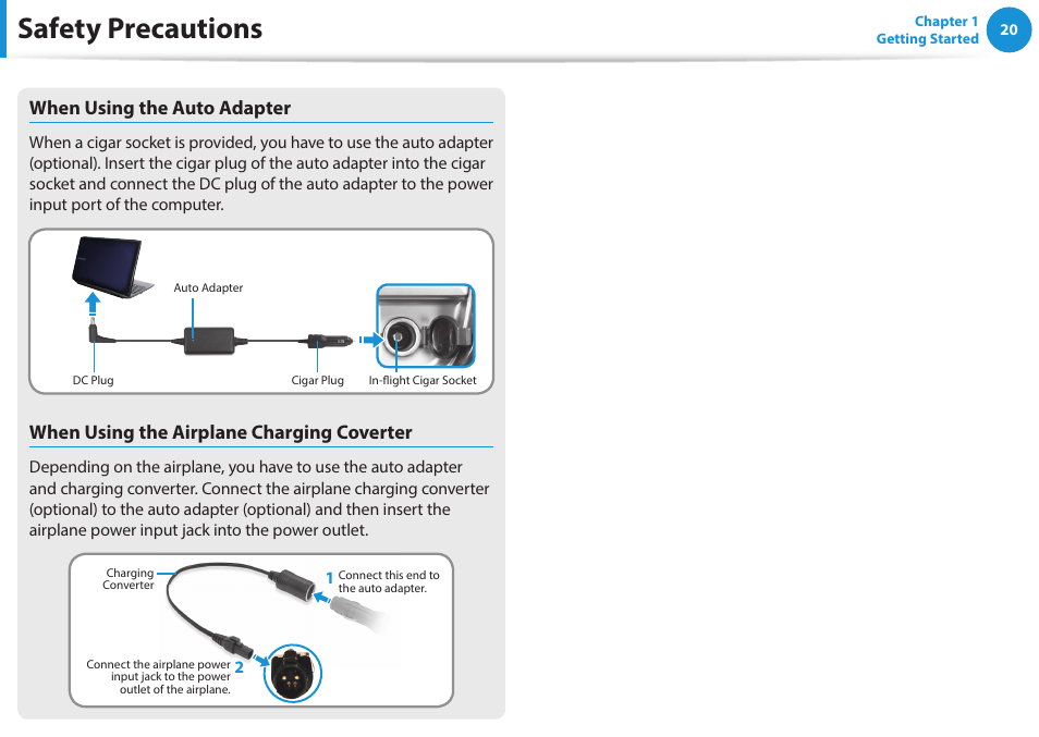 Safety precautions, When using the auto adapter, When using the airplane charging coverter | Samsung NP270E5G-K02US User Manual | Page 20 / 121