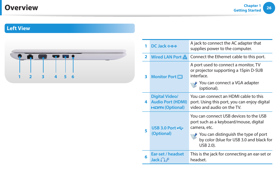 Overview, Left view | Samsung NP270E5G-K02US User Manual | Page 26 / 121