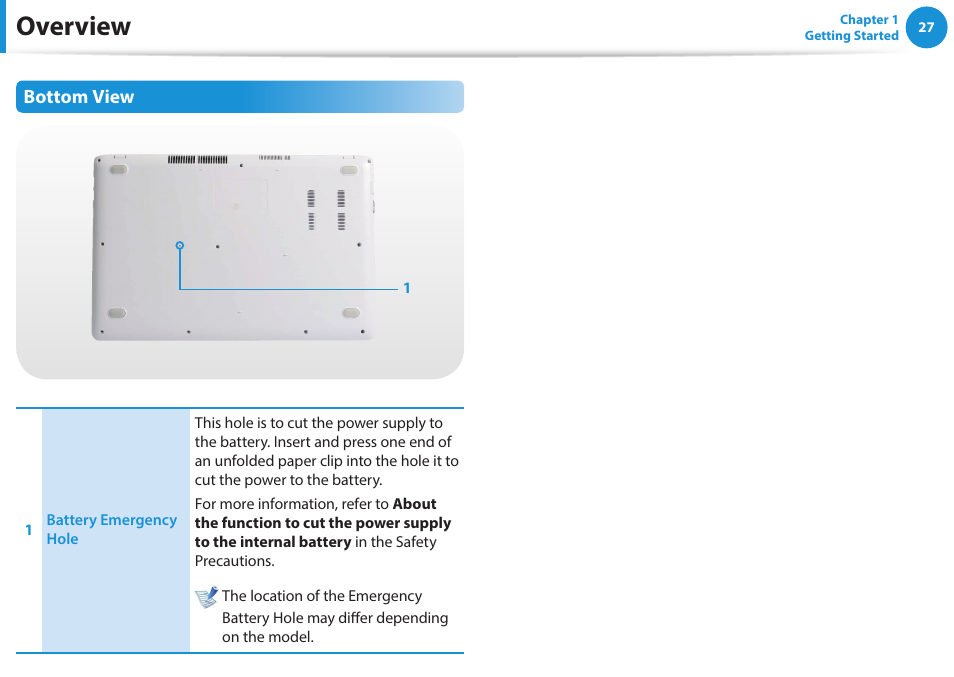 Overview, Bottom view | Samsung NP270E5G-K02US User Manual | Page 27 / 121