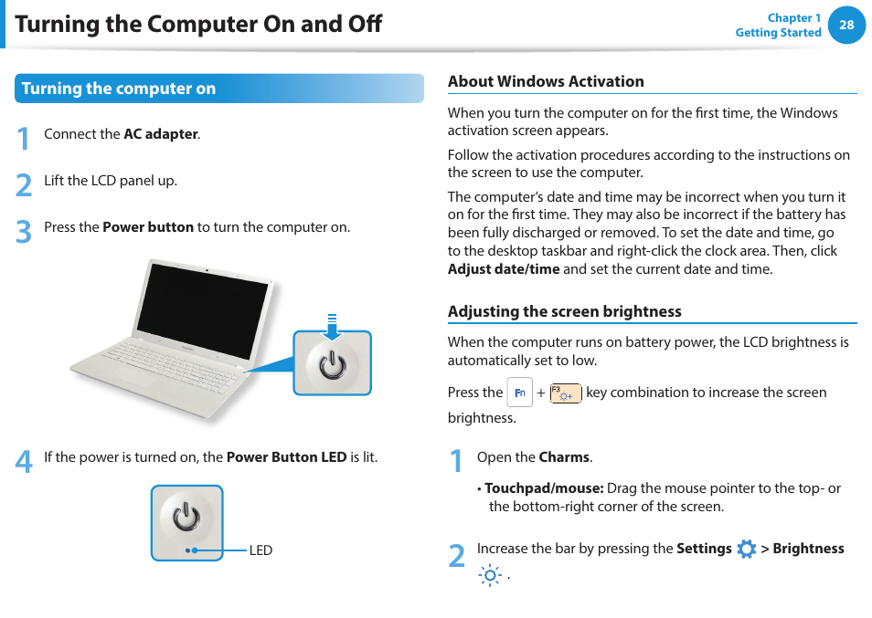 Turning the computer on and off | Samsung NP270E5G-K02US User Manual | Page 28 / 121