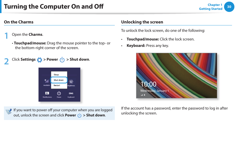 Turning the computer on and off | Samsung NP270E5G-K02US User Manual | Page 30 / 121