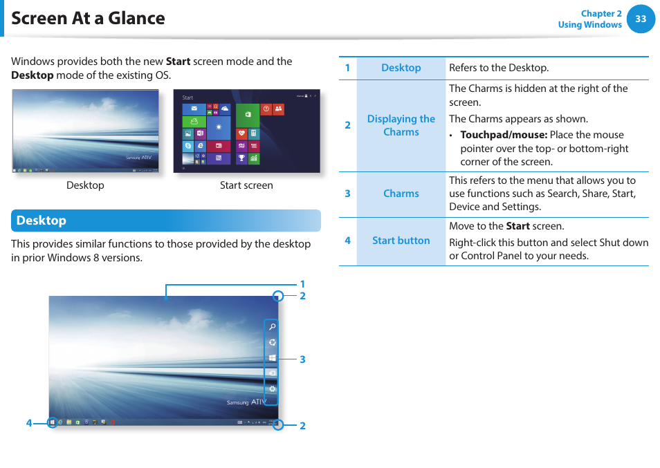 Screen at a glance, Desktop | Samsung NP270E5G-K02US User Manual | Page 33 / 121