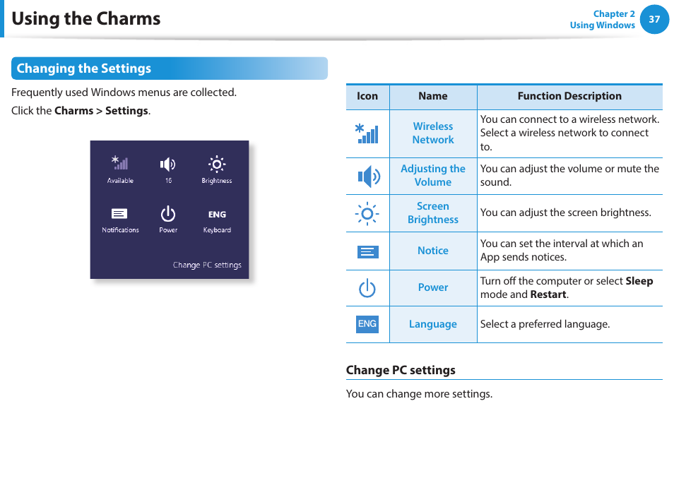 Using the charms, Changing the settings | Samsung NP270E5G-K02US User Manual | Page 37 / 121