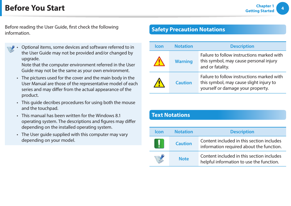Before you start, Safety precaution notations, Text notations | Samsung NP270E5G-K02US User Manual | Page 4 / 121