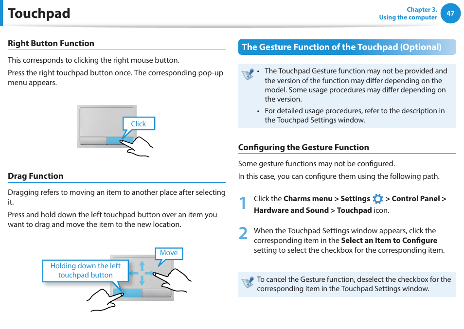Touchpad | Samsung NP270E5G-K02US User Manual | Page 47 / 121
